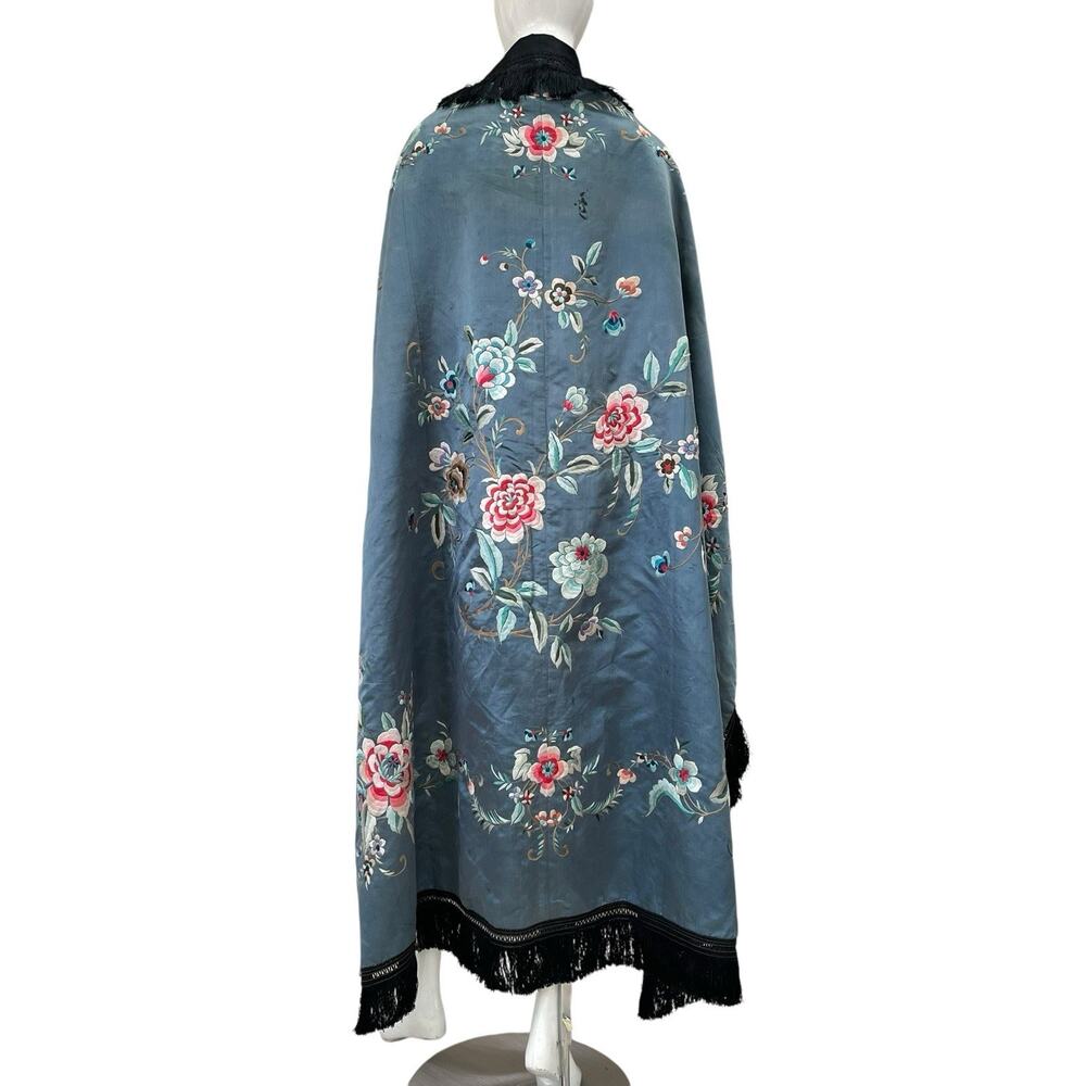 19th C. Victorian Embroidered Silk Piano Shawl Cerulean Blue, Antique 1800’s
